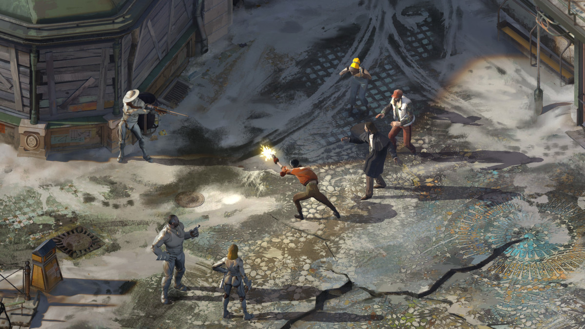 A shootout on the gritty streets of Disco Elysium.